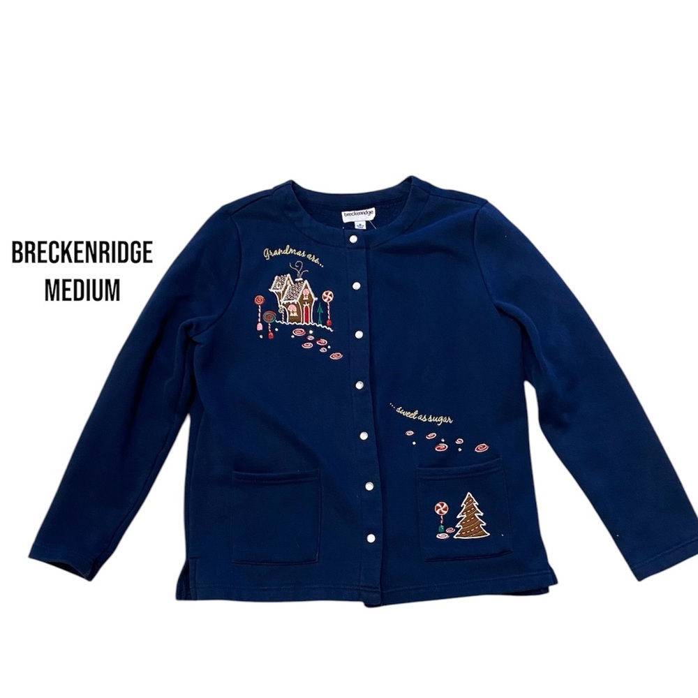 Breckenridge Navy Blue Embroidered Grandma Christmas Cardigan Sweater Medium‎